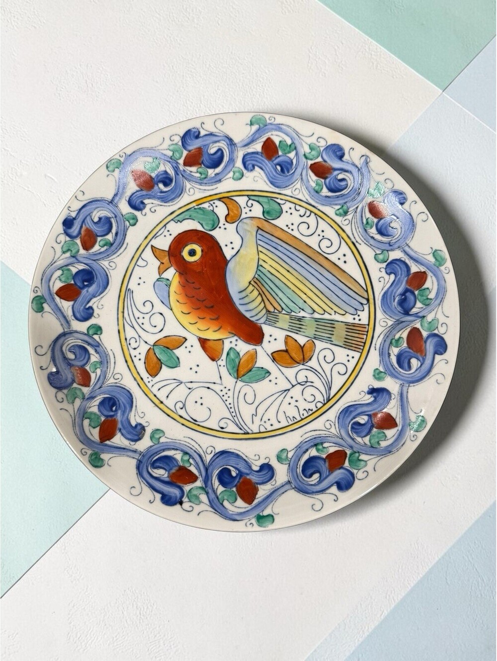 Vintage WBI Chinese Porcelain Plate Hand Painted Bird Majolica Style 10 Inch